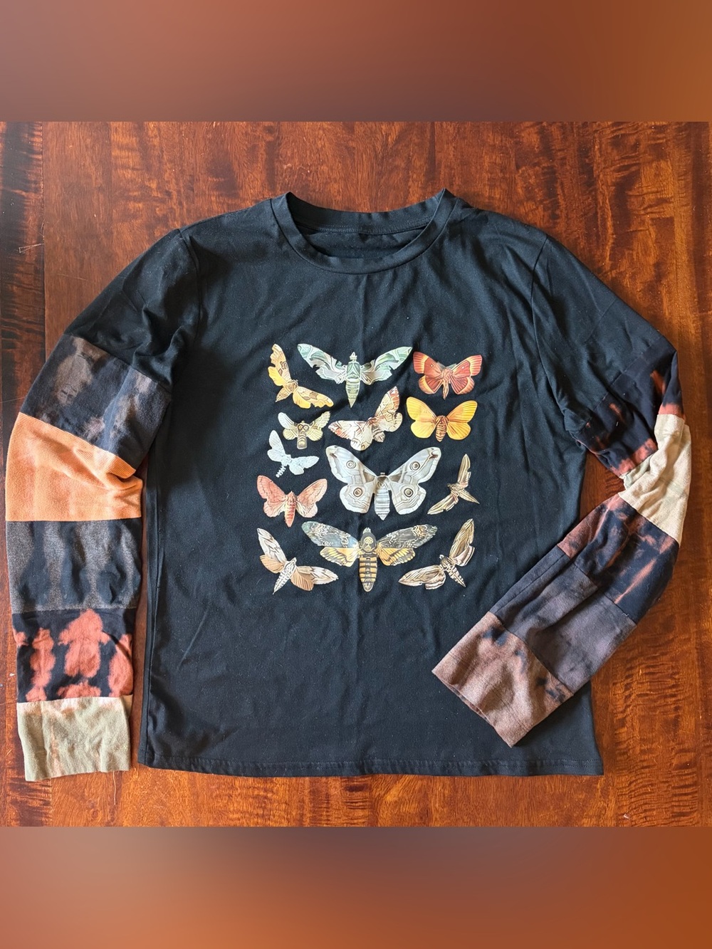 Upcycled Reverse Bleach Tie-Dye Long-Sleeve Black Moth Graphic Tee Women’s Med